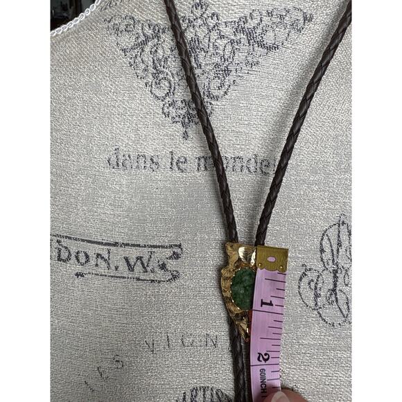 Gold Leaf Bolo Tie w/ Green Stone Unisex Western Fall Festival 2.5” - Picture 4 of 4